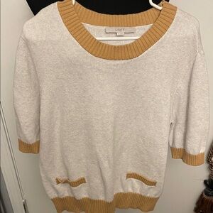 LOFT Cream Short-Sleeve Sweater with Mustard Trim